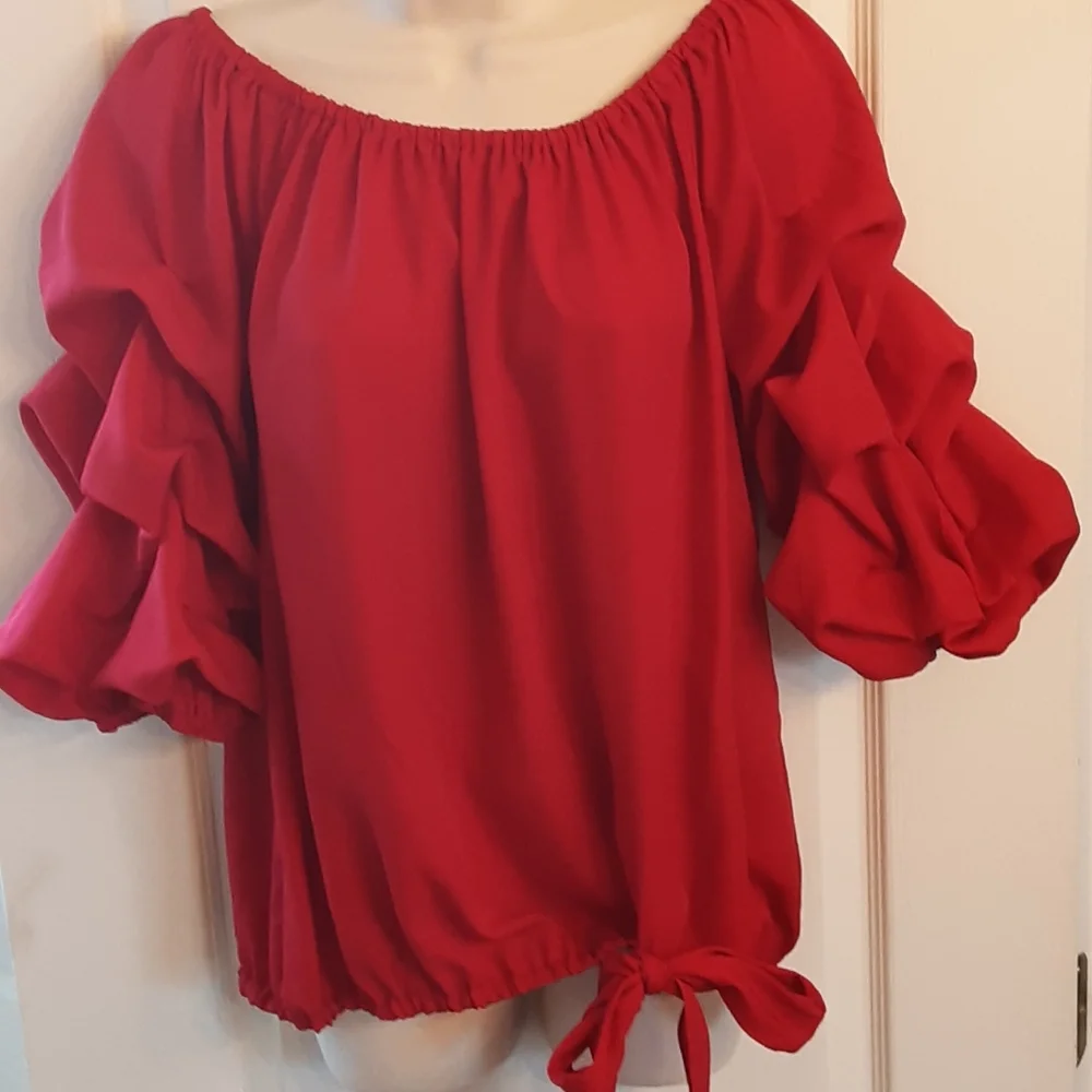 MSK Red Ruffle Sleeve Top - Picture 6 of 12
